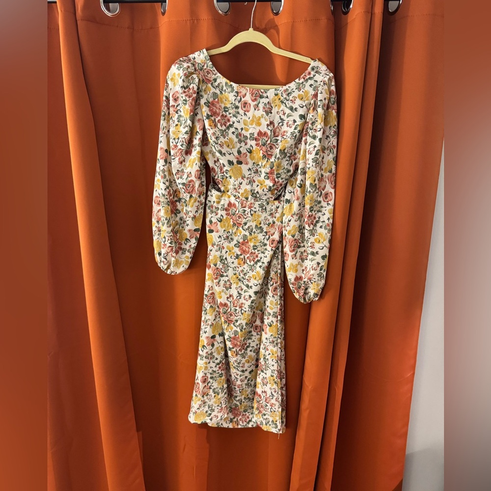 Reverse Multicolor Floral Long Sleeve Dress with Side Slits